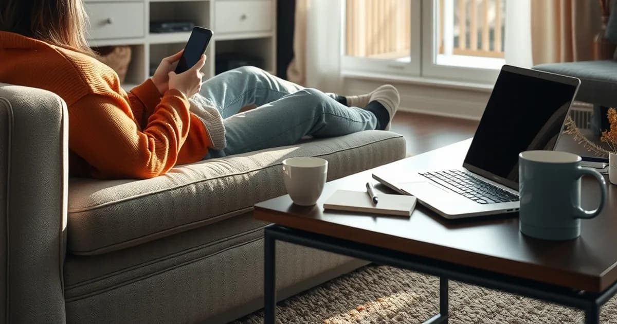 A person sitting on a bright living room couch checking their phone for support chat while a hockey broadcast is paused on the TV in the background.