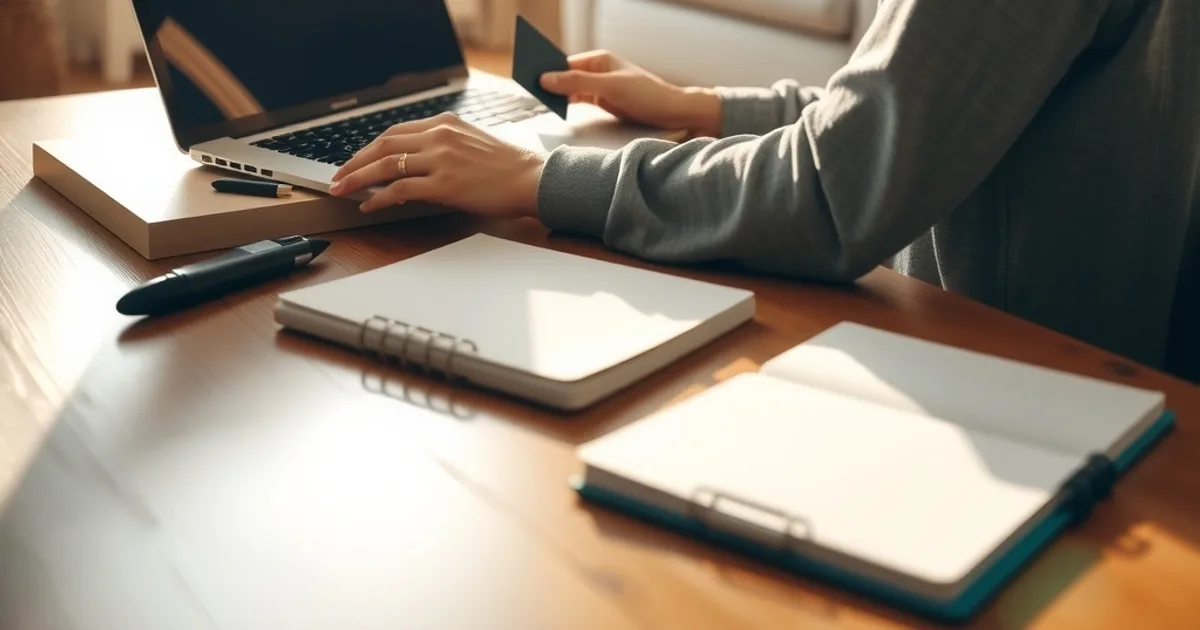 A person at a sunlit desk reviewing a laptop screen while holding a credit card, with a notepad of handwritten notes nearby