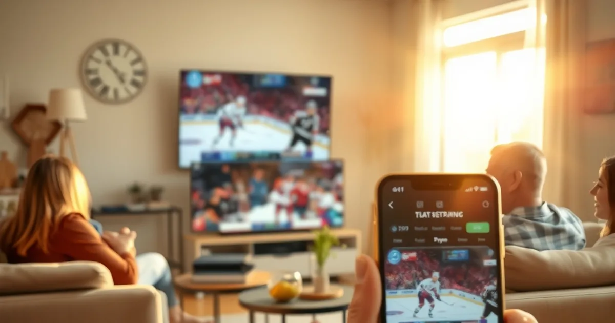 A Canadian family relaxing on a couch in a bright living room, watching a hockey game on TV together in the early evening