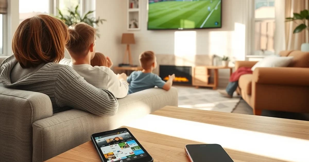 A family watching a live soccer match on a TV in a bright, sunlit living room on a Saturday afternoon