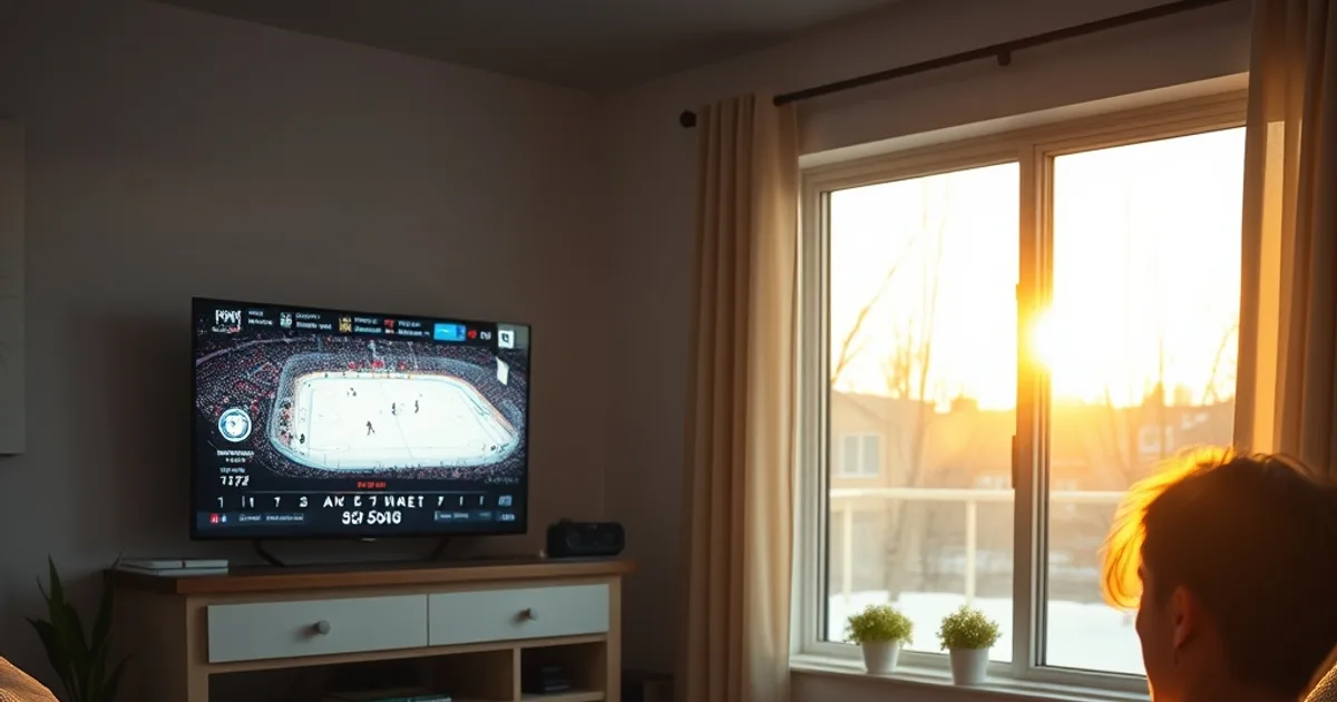 A person checking an internet speed test on a laptop in a bright living room while a hockey game plays on the TV in the background