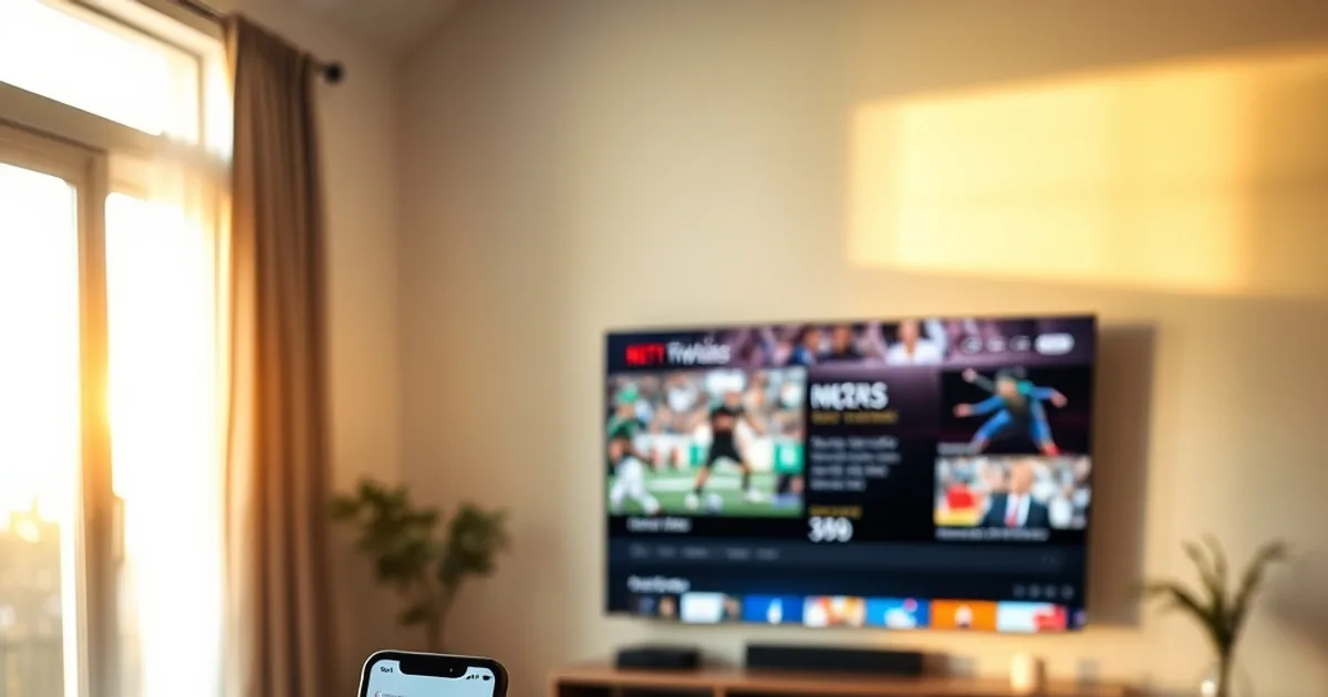 A person in a bright living room compares an IPTV app on their phone with a wall-mounted TV showing a four-way split-screen sports view