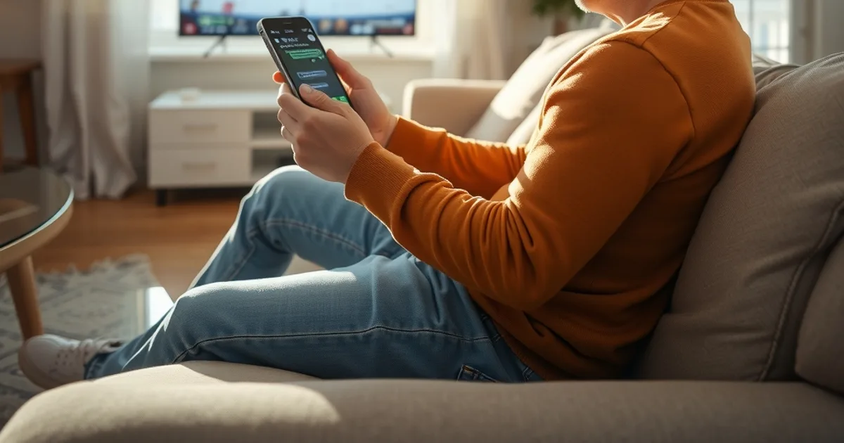 A person on a bright living room couch checking a messaging app on their phone while a hockey game is paused on the TV behind them
