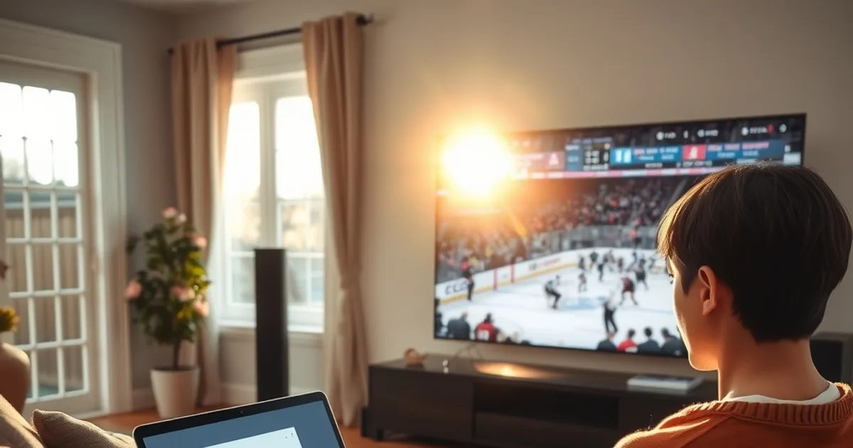 Person relaxing on a couch with a laptop while a hockey game plays on the TV in a sunlit Canadian living room