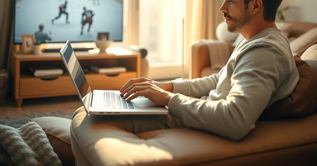A person relaxing on a couch in a bright living room, calmly checking a laptop with a hockey game paused on the TV in the background