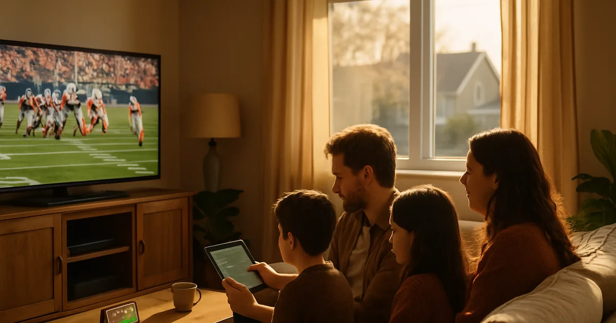 A Canadian family watching a live football game together on a large TV in a bright, cozy living room, with a tablet and phone also visible nearby