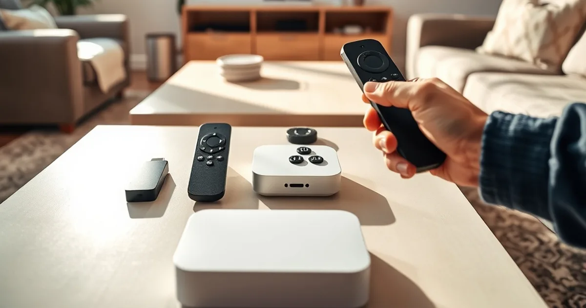 A person comparing multiple streaming devices and remotes on a coffee table in a bright living room with a football game playing on the TV