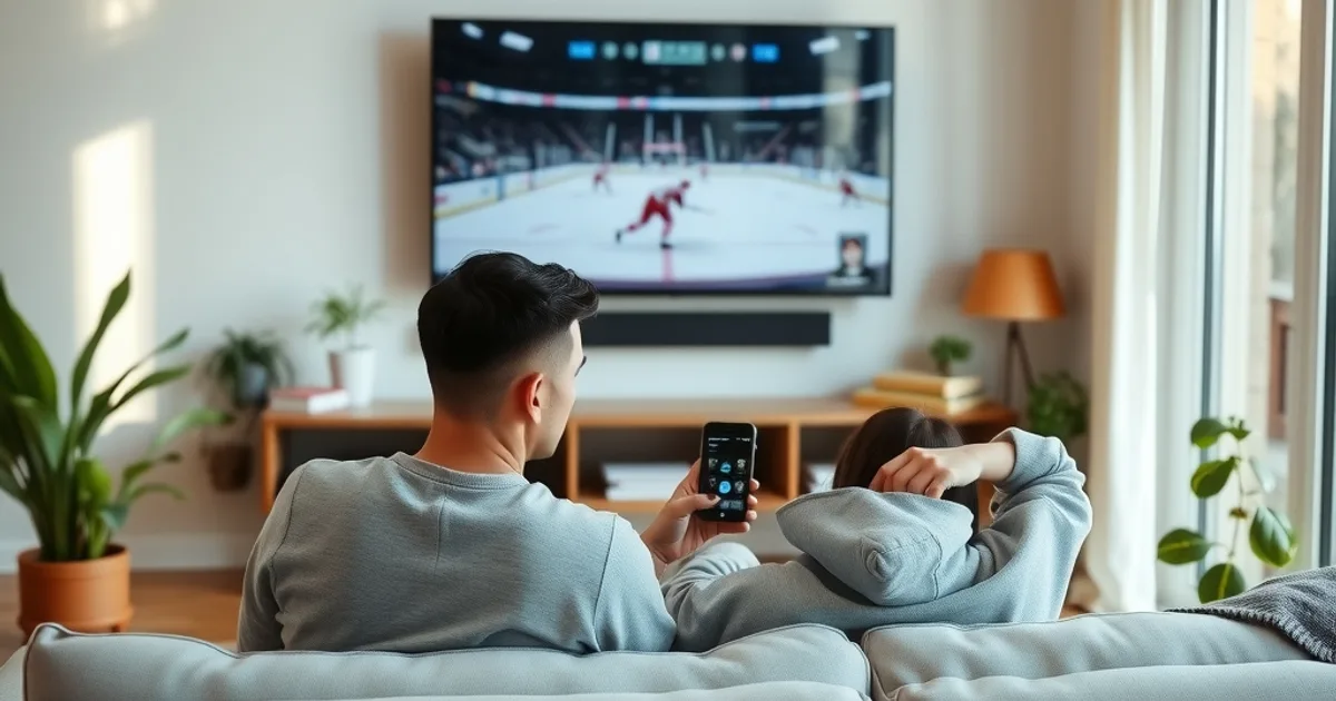 A couple relaxing on a sofa in a bright living room, watching a hockey game on a Smart TV while checking a phone