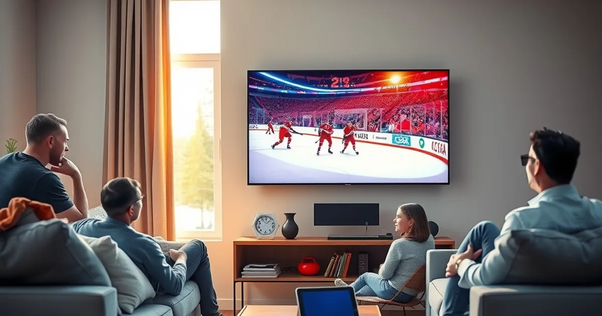 A family watching a hockey game together on a large TV in a bright, naturally lit living room during evening hours