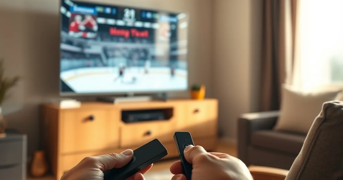 A person holding a Roku remote on a couch with a hockey game playing on the TV in a bright, sunlit living room
