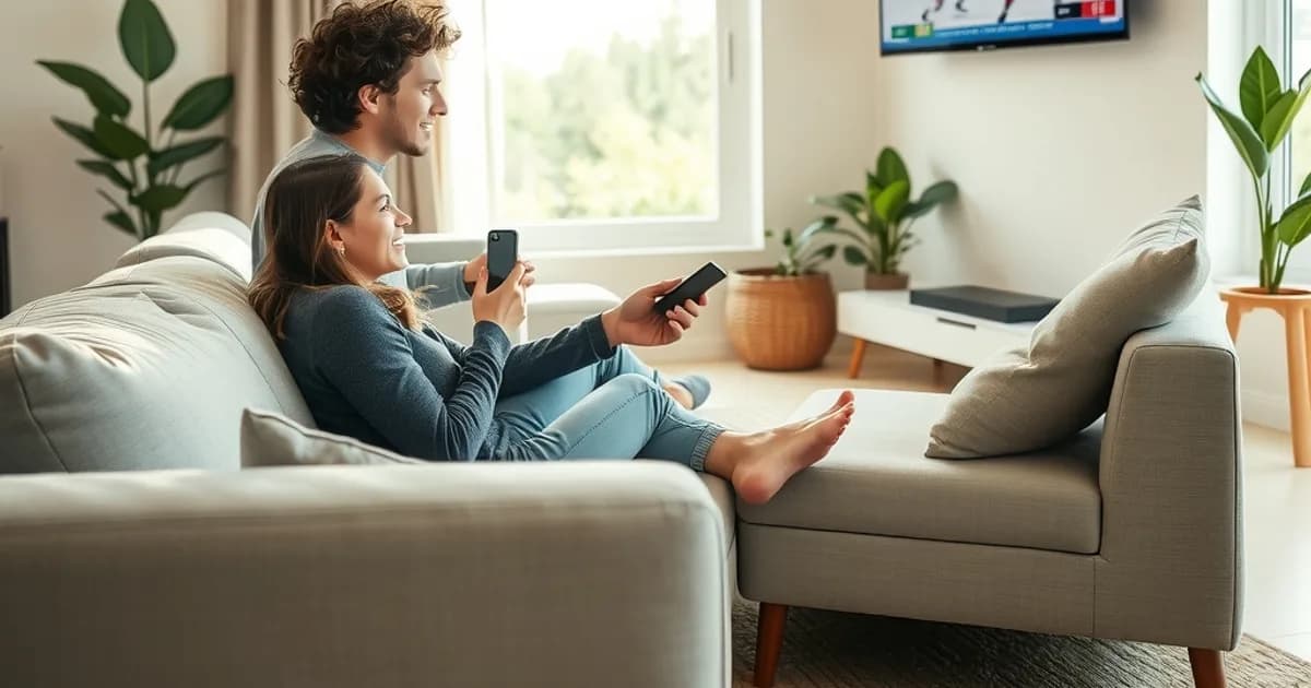A couple in a sunlit living room comparing streaming apps on a phone while pointing a remote at a wall-mounted TV