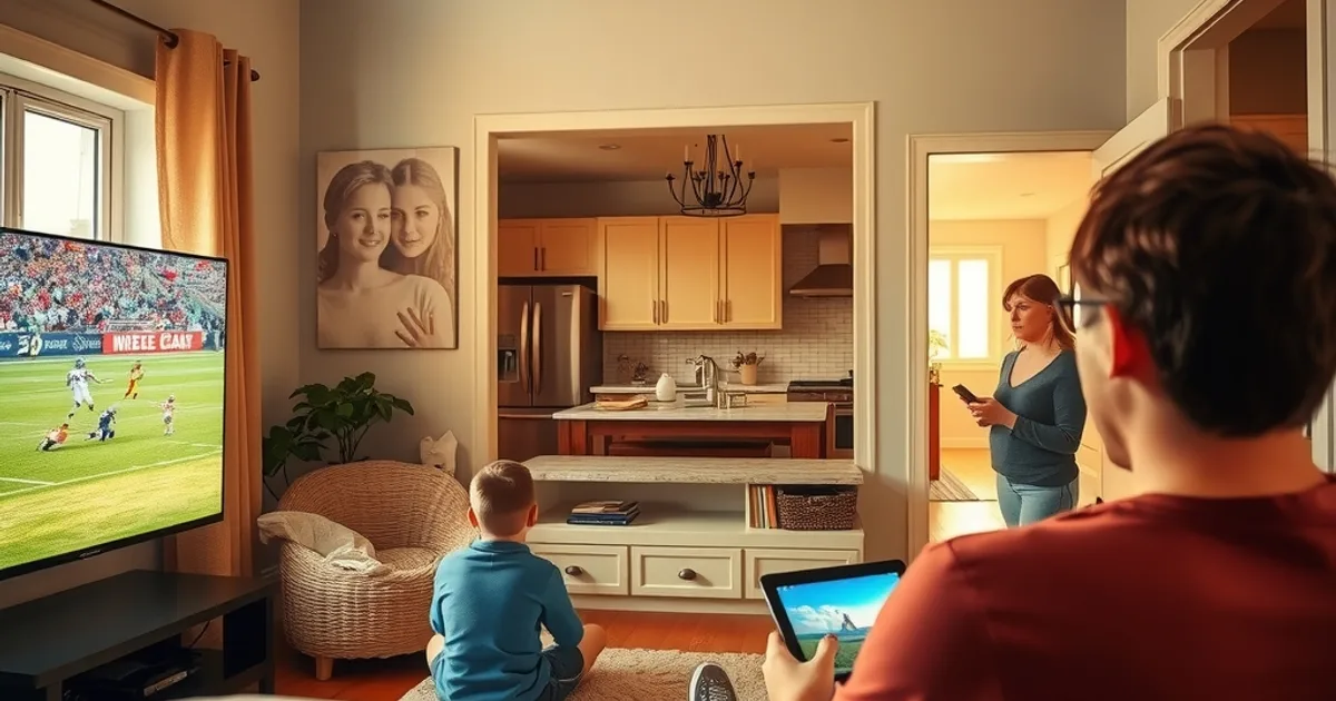 A Canadian family streaming three different things at once on three different screens in the same bright home during early evening