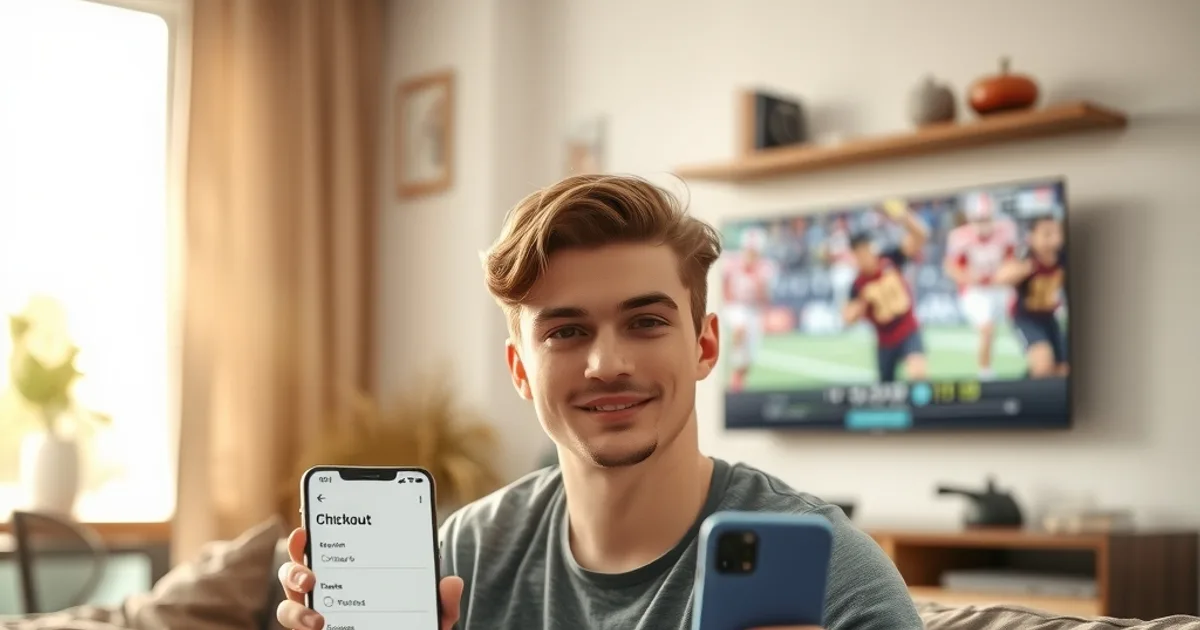 A person on a couch completing a checkout on their phone with a sports broadcast playing on the TV in the background
