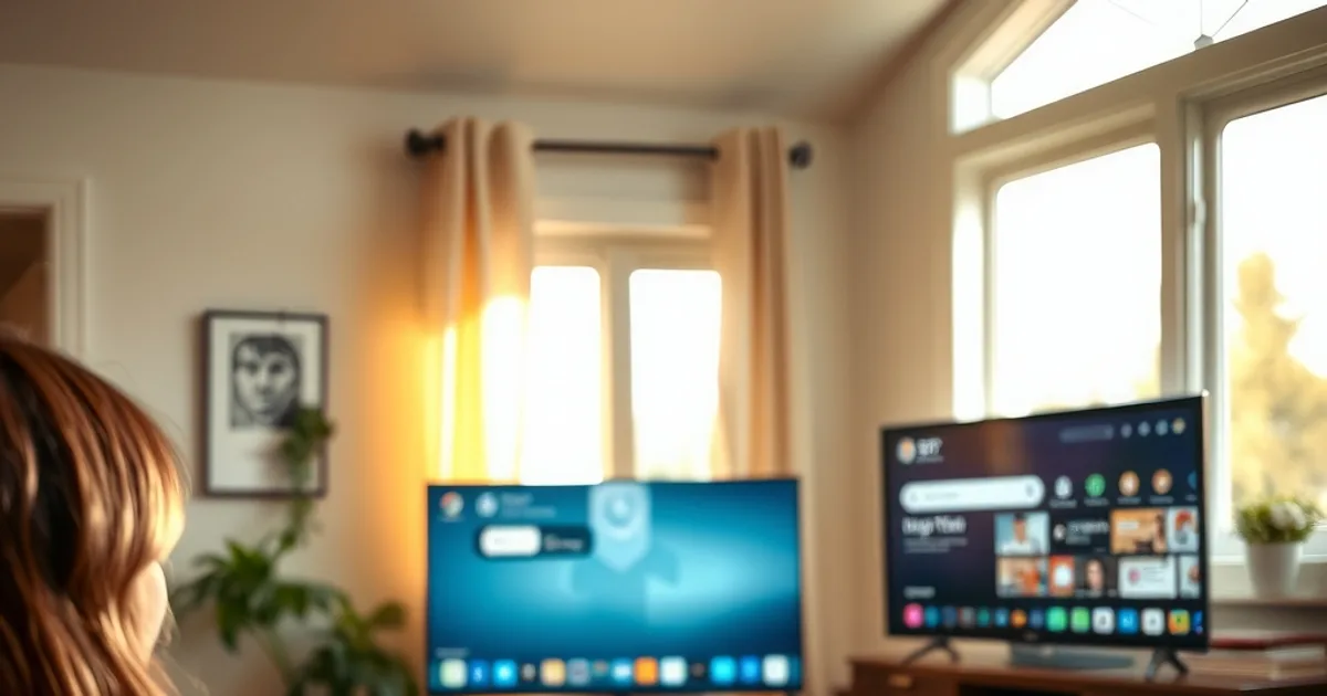 A person checking their phone on a couch while a TV app loads in a bright, sunlit Canadian living room