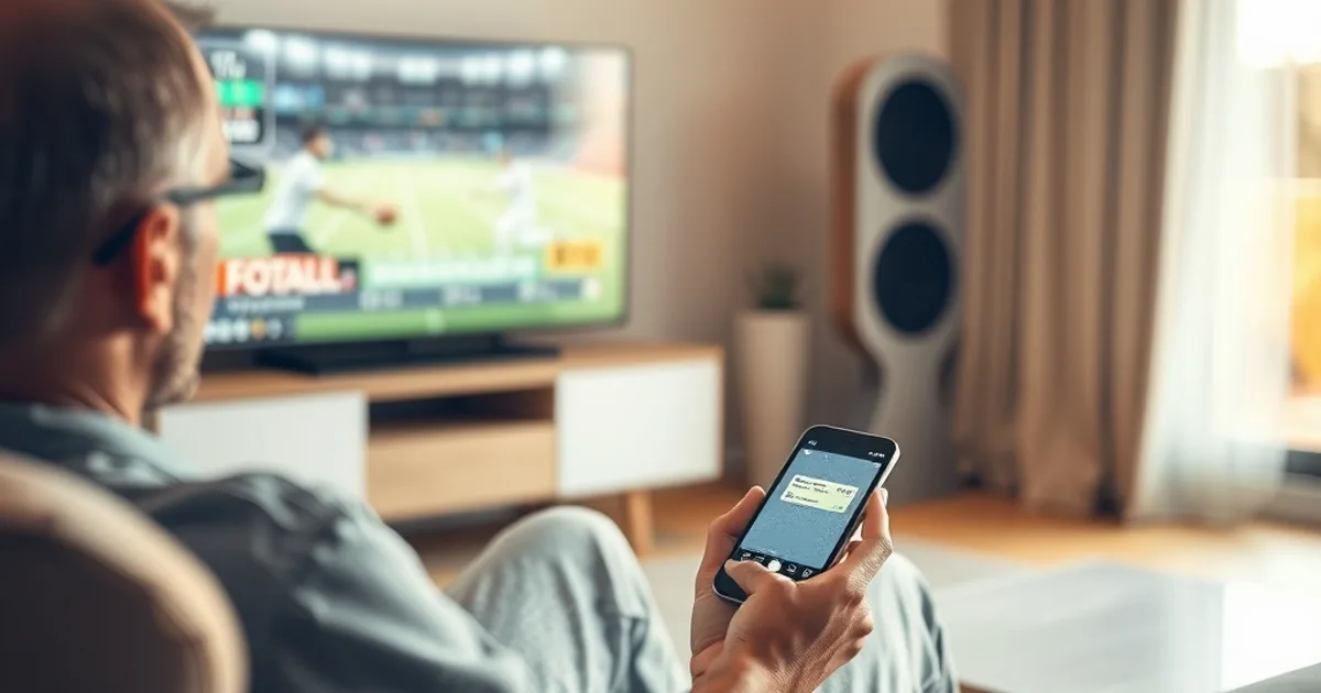 A person checking a messaging app on their phone in a bright living room with a sports broadcast playing on the TV in the background
