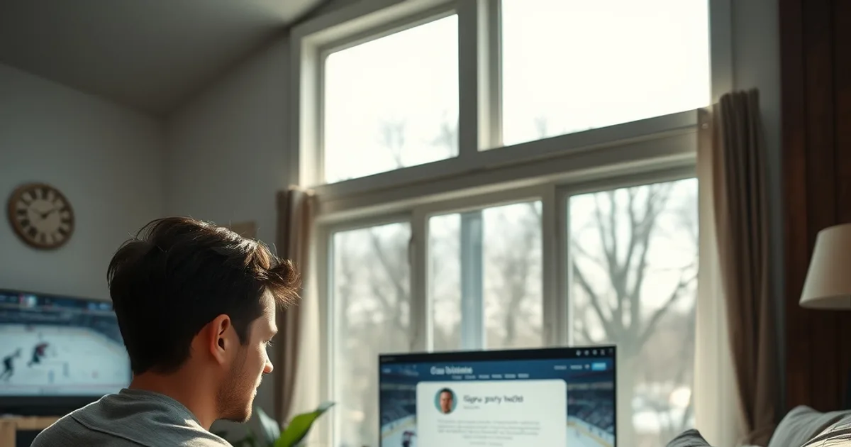 A person on a couch checking a laptop screen in a sunlit living room while a hockey game plays on the TV in the background