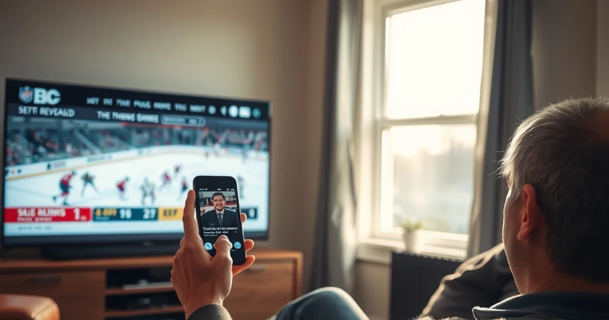 A person in a bright living room checking their phone for a support reply while a hockey game is paused on the TV behind them