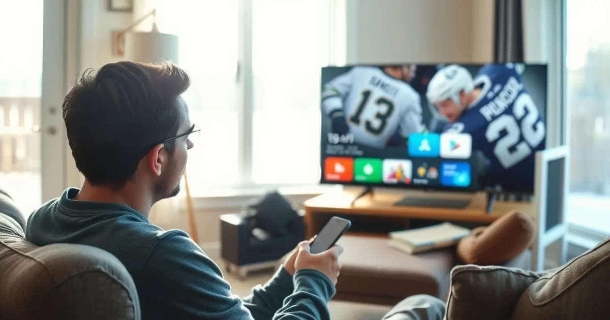 A person in a sunlit Canadian living room looks at a smart TV showing a paused streaming app, checking their phone
