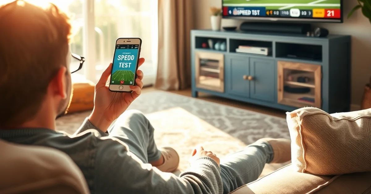 A person checks a speed-test app on their phone in a bright living room while an NFL game plays on the TV