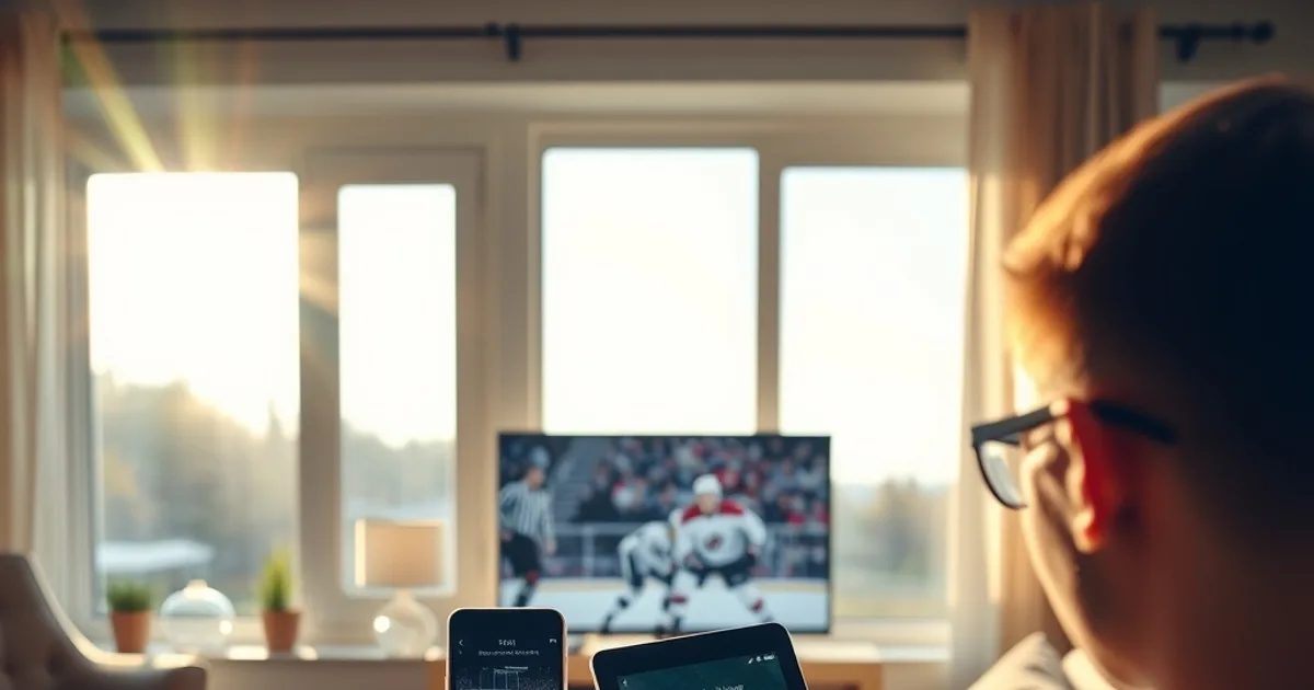 A person in a bright living room comparing a phone and tablet screen while a hockey game plays on the TV in the background