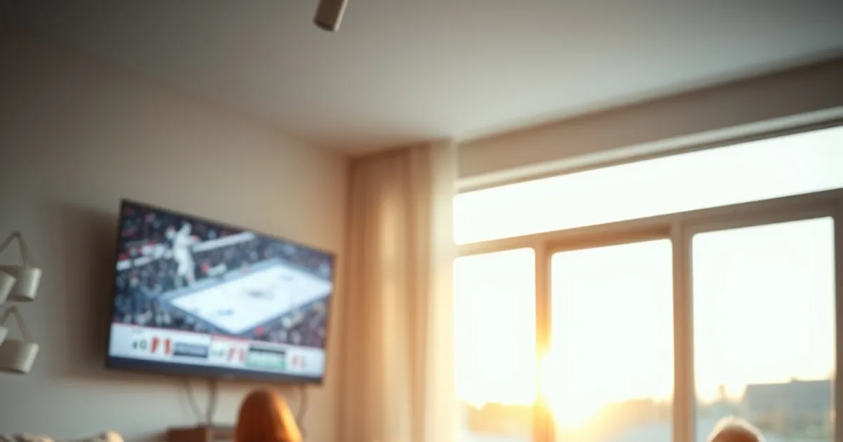 A family watching a hockey game together on a living room TV in warm evening light