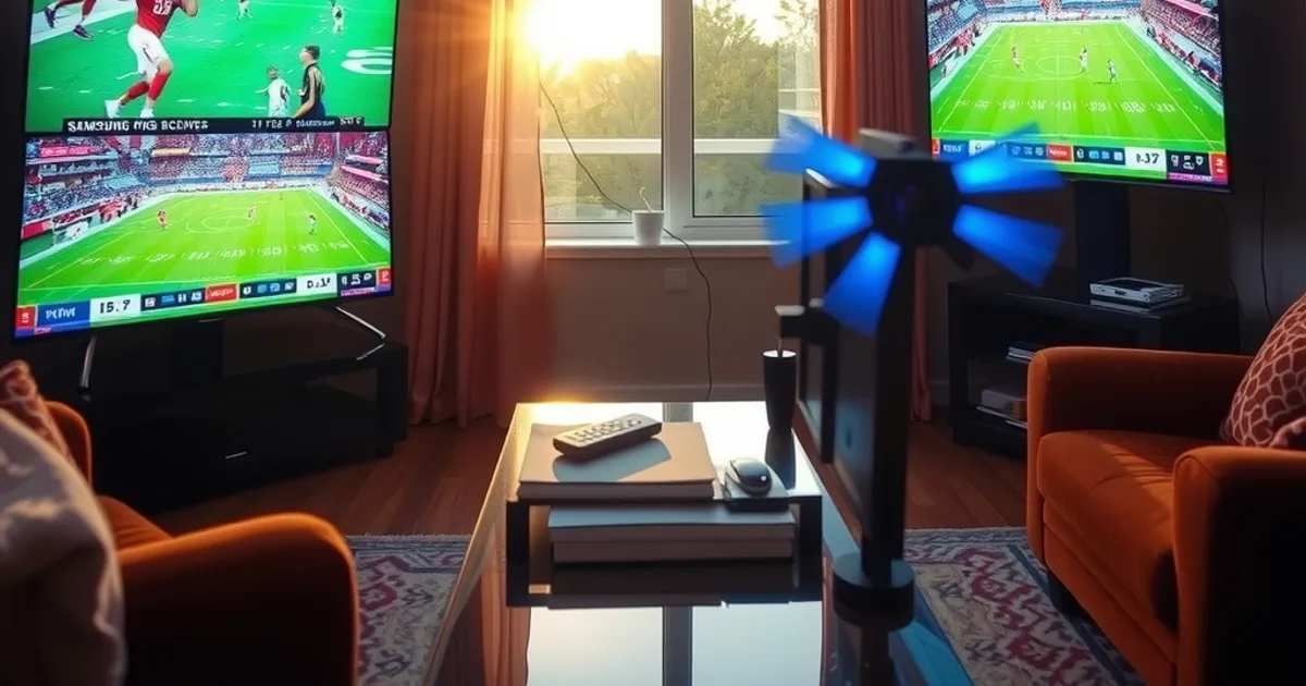 A bright Canadian living room at dusk with four Smart TVs side by side — Samsung, LG, Hisense and a Fire TV Stick plugged into a fourth screen — each showing a live sports broadcast, daylight fading through a window