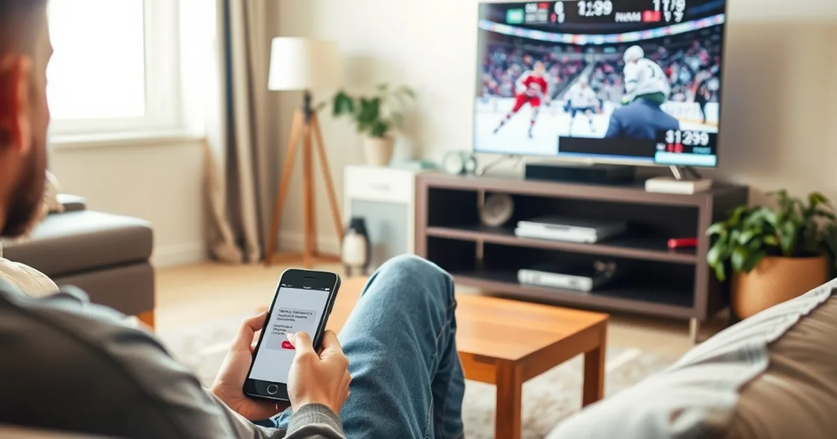 Person messaging for support on their phone while a live hockey game plays on the TV behind them in a bright living room