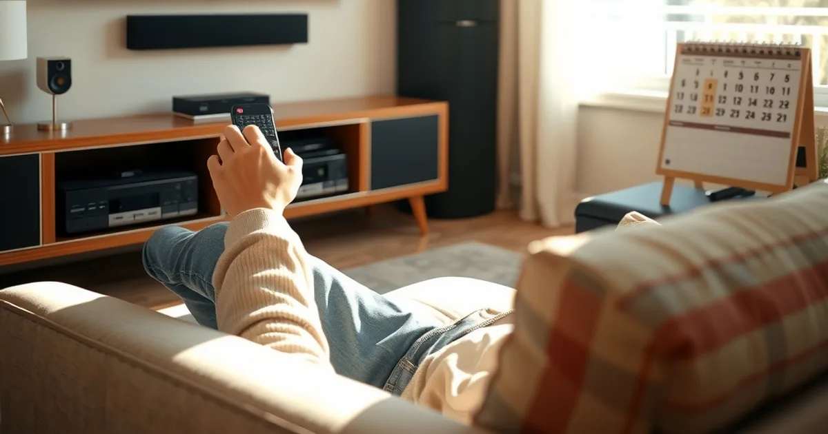 A person on a couch in a bright living room checking a program guide on a wall-mounted TV while holding a phone, with a calendar visible in the background