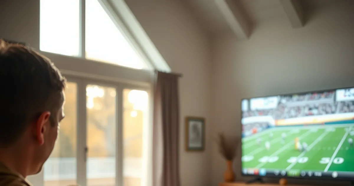 Person in a bright living room checking their phone while a football game plays on the TV in the background