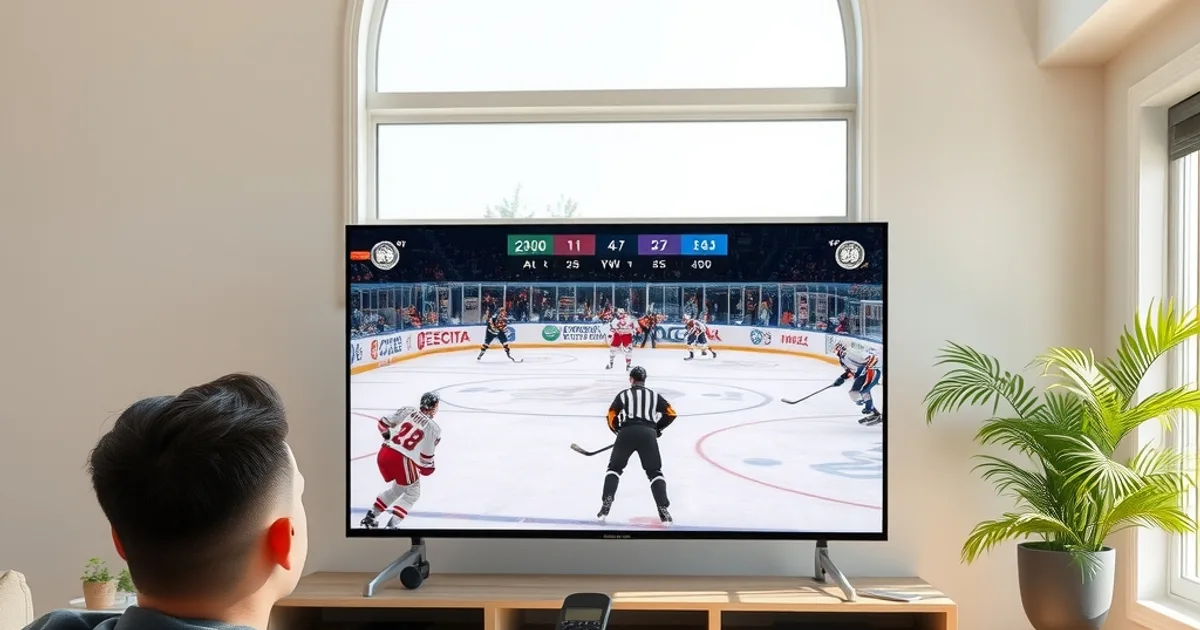 A person relaxing on a couch in a sunlit living room while watching a hockey game on the TV