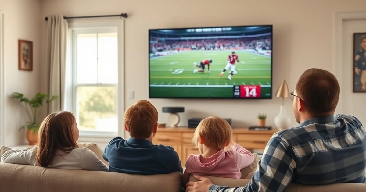 A family watching a live football game on a large living room TV in bright daylight, with a tablet also streaming on the coffee table
