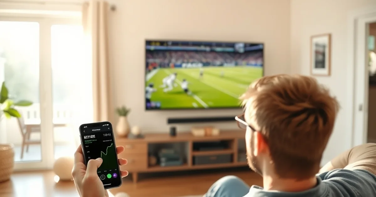 A person checking a bitrate monitoring app on their phone while watching a live football broadcast on a TV in a sunlit living room