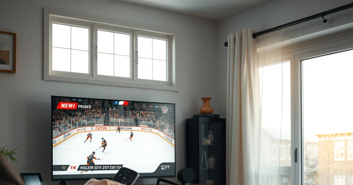 A person in a bright Canadian living room holds a streaming remote toward a TV paused on a hockey broadcast, with a Wi-Fi router visible nearby