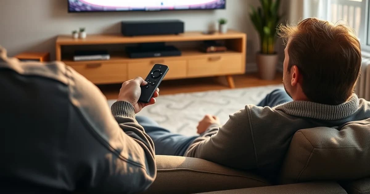 A person on a couch setting up a streaming device on a wall-mounted TV showing a hockey game, in a bright, sunlit living room