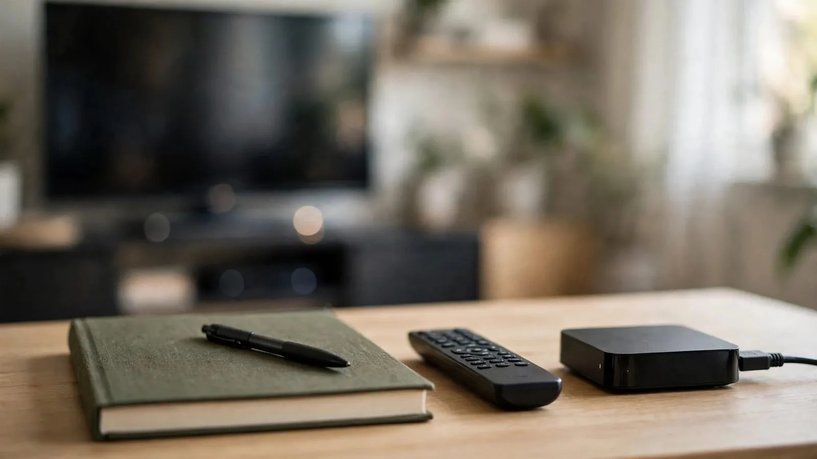 Green notebook, pen, remote control, and black device on a wooden table with blurred television behind.